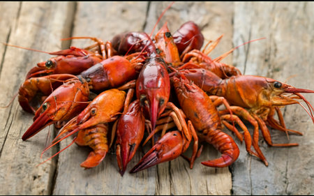 crawfish on wooden backgroundの素材