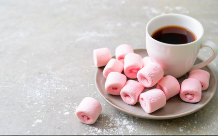 Heart shape marshmallows pink and white color and cup with tea. Craft desert sweets on tableの素材