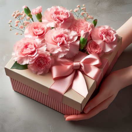 Beautiful blooming carnations with pink ribbon box isolated on gray wallpaper designの素材
