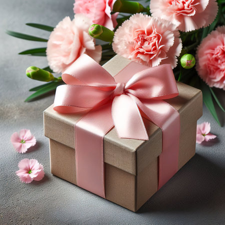Beautiful blooming carnations with pink ribbon box isolated on gray wallpaper designの素材