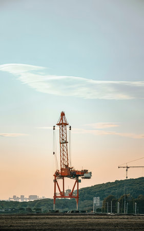 A red working crane in the horizon with a lot of copy space over itの素材