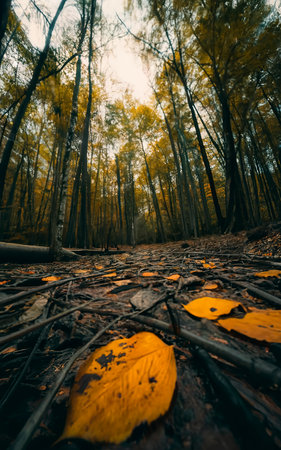 An ant view shot of the forest during autumn with the floor filled with fallen leavesの素材