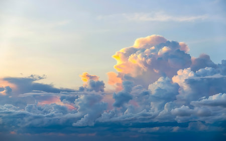 beautiful cumulus clouds at sunset, sunrise. fabulous background with copy spaceの素材