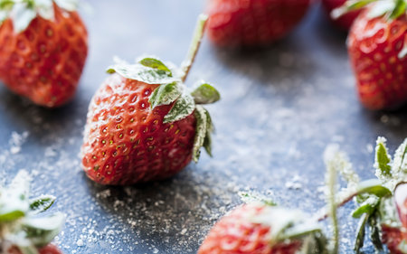 Close-up frozen strawberries covered by frost.の素材