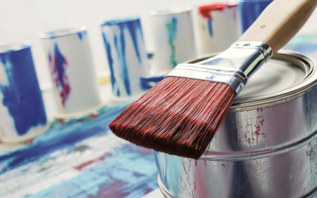 Close-up brush with red color lying on paint can.の素材