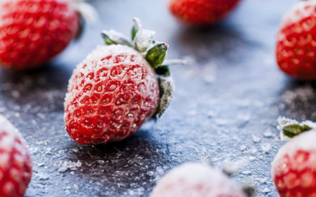 Close-up frozen strawberries covered by frost.の素材