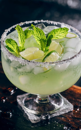 Cocktail drink frozen margarita at barcounter in night club or restaurant.の素材