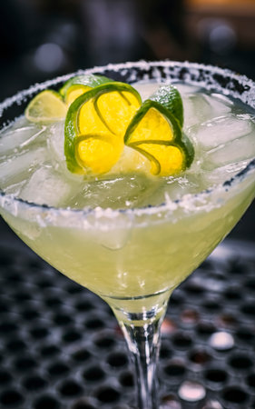 Cocktail drink frozen margarita at barcounter in night club or restaurant.の素材