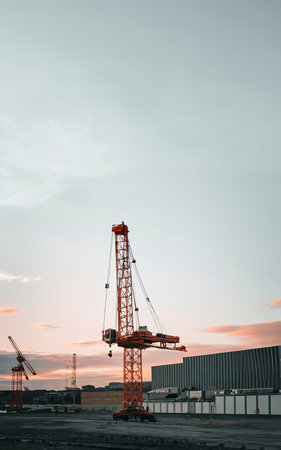 A red working crane in the horizon with a lot of copy space over itの素材