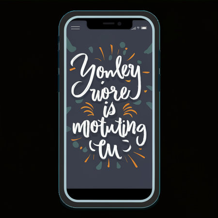 A mobile phone over a dark background with a motivational message written in the screenの素材