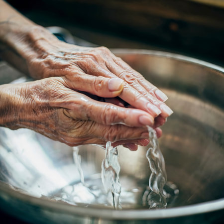 An old woman washing her hands close up of the hands in a source font with natural waterの素材