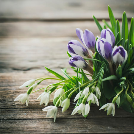Bunch of crocus and snowdrops on the wooden table.の素材