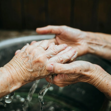 An old woman washing her hands close up of the hands in a source font with natural waterの素材