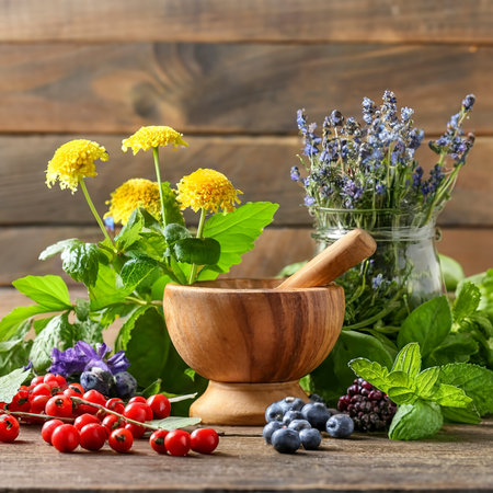 Herbs, berries and flowers with mortar, on wooden table backgroundの素材