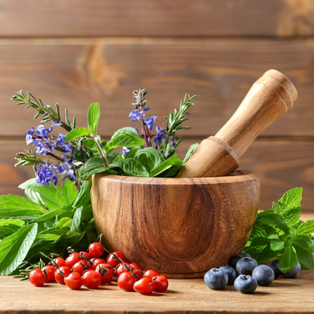 Herbs, berries and flowers with mortar, on wooden table backgroundの素材
