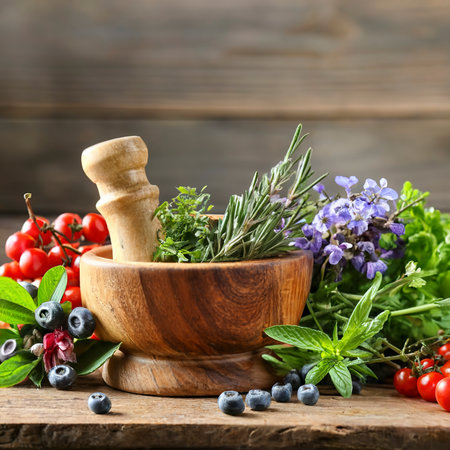 Herbs, berries and flowers with mortar, on wooden table backgroundの素材