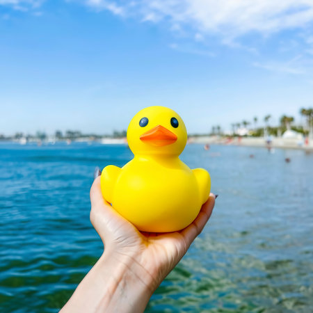 ocean ducky rubber duck yellow blue hand los angeles santa monicaの素材