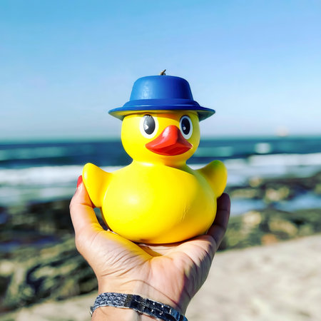 ocean ducky rubber duck yellow blue hand los angeles santa monicaの素材