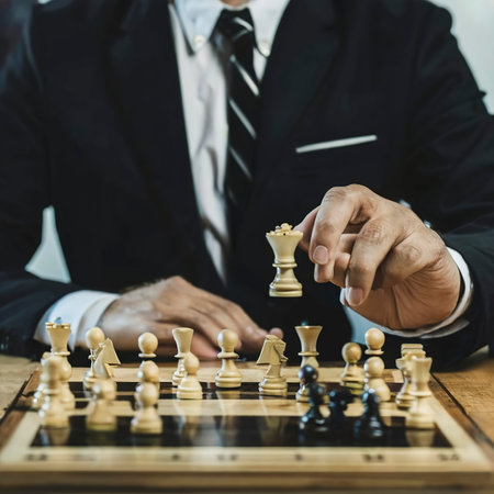 Businessman play with chess game in competition success play, concept strategy and successful management or leadershipの素材
