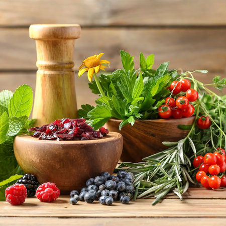 Herbs, berries and flowers with mortar, on wooden table backgroundの素材