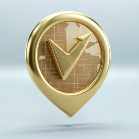 Front view of gold up arrow with gold map pointer 3d pin. Financial success and growth conceptの素材