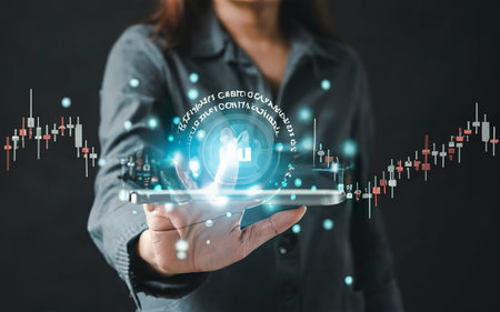 Woman hand showing virtual hologram stock from tablet, Business growth conceptの素材