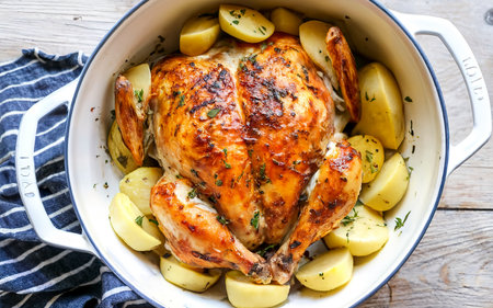 Whole chicken roasted in a porcelain bowl with potatoes.の素材