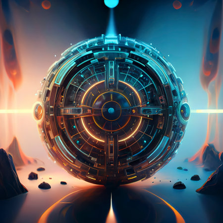 3D rendering of a reflective ball of energy Abstract futuristic space landscape.の素材