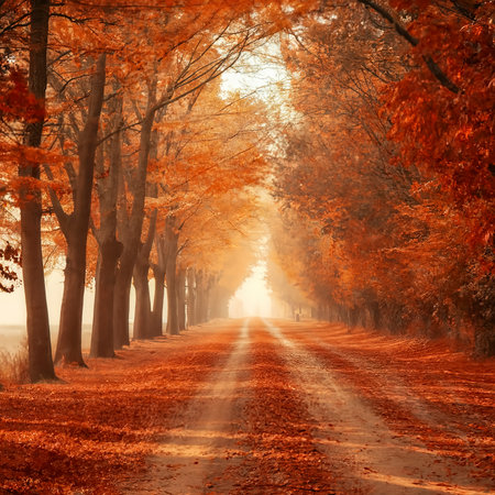 Alley in misty morning park. Beautiful autumn foggy landscape with trees in a forest. Soft focus.の素材