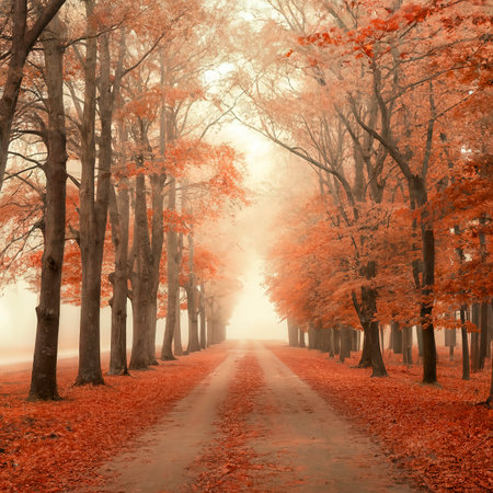 Alley in misty morning park. Beautiful autumn foggy landscape with trees in a forest. Soft focus.の素材