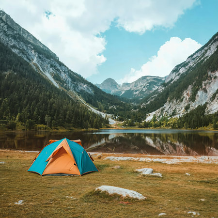 Camping tent in campground at national park. Tourists camped in the woods on the shore of the lake on the hillside.の素材