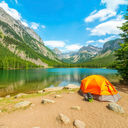 Camping tent in campground at national park. Tourists camped in the woods on the shore of the lake on the hillside.の素材