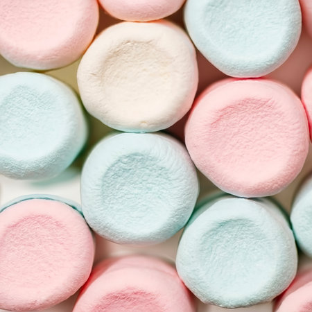 Close-up of tasty colorful marshmallows in hues of pink and blueの素材