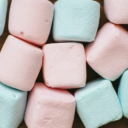 Close-up of tasty colorful marshmallows in hues of pink and blueの素材