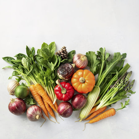 Isolated group of winter season vegetables over white flat lay view. Includes copy space.の素材
