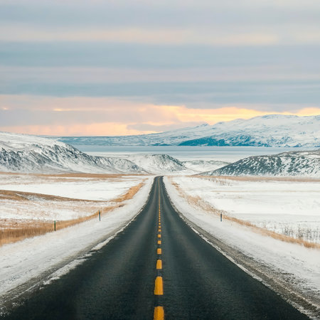 Icy winter road through the tundra hills in Teriberkaの素材