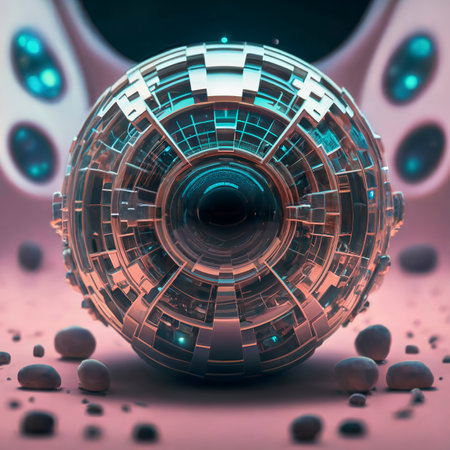 3D rendering of a reflective ball of energy Abstract futuristic space landscape.の素材