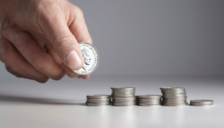 Hand and silver coin, concept of saving money for business operation, stable money in the futureの素材