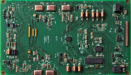 Top down view on computer circuit board with green and copper colored wiring and soldered transistorsの素材