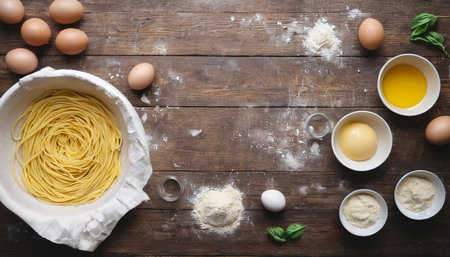 Process of cooking pasta with raw fresh ingredients for classic italian food - raw eggs, flour on wooden table. Top View. Toning.の素材