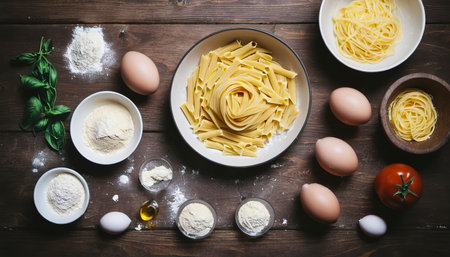 Process of cooking pasta with raw fresh ingredients for classic italian food - raw eggs, flour on wooden table. Top View. Toning.の素材