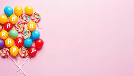 Tasty appetizing Party Accessories Happy Birthday Sweet Treat Swirl Balloon Candy Lollypop Colorful Letters on Bright Backgroundの素材
