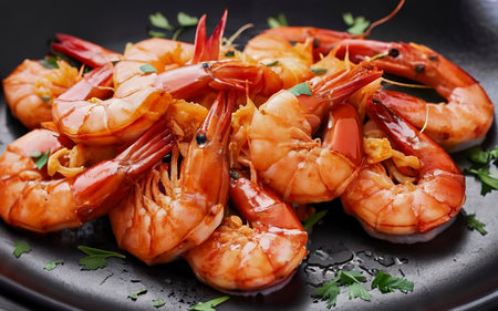 Fried shrimps. Sea products. Healthy food. Hot shrimp dish. Juicy fresh butter prawns flavored with spices.の素材