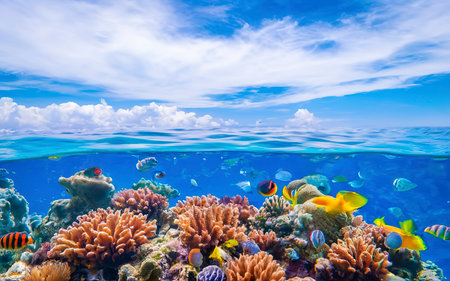Underwater scene. Ocean coral reef underwater. Sea world under water backgroundの素材