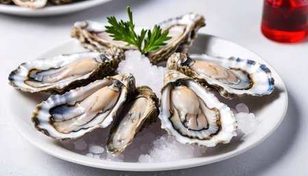 fresh oysters on red sea salt on a white plateの素材