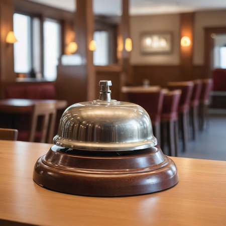 Restaurant or hotel bell of services calling on wooden counterの素材