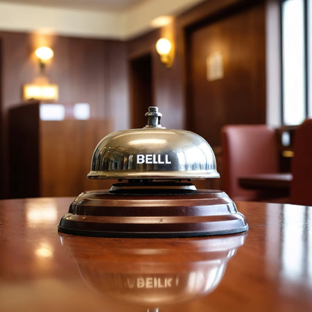 Restaurant or hotel bell of services calling on wooden counterの素材