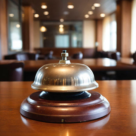 Restaurant or hotel bell of services calling on wooden counterの素材
