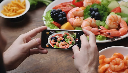 a man takes pictures of food on his phone. Shrimp, snack, fruit, meat, vegetables.の素材