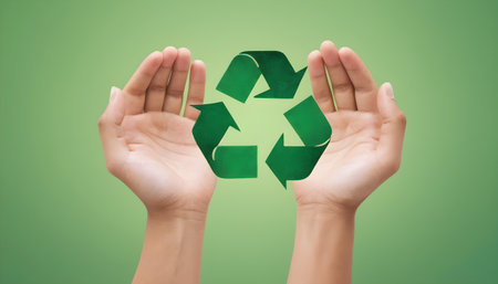 Asian young hand holding recycle  icon and green backgroundの素材